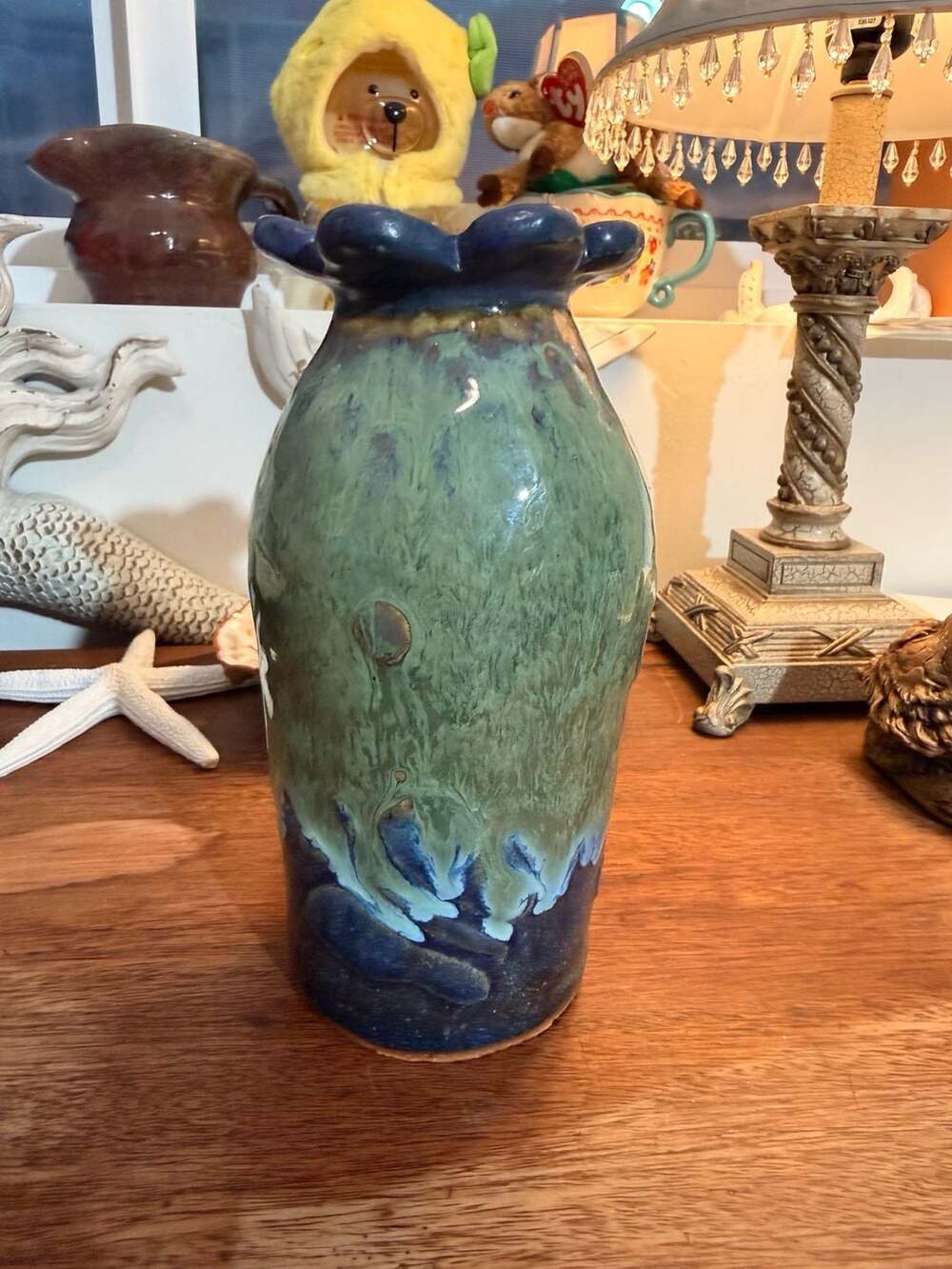 Handmade Pottery Glazed Ceramic Vase Scalloped Ruffled Rim Blue & Green